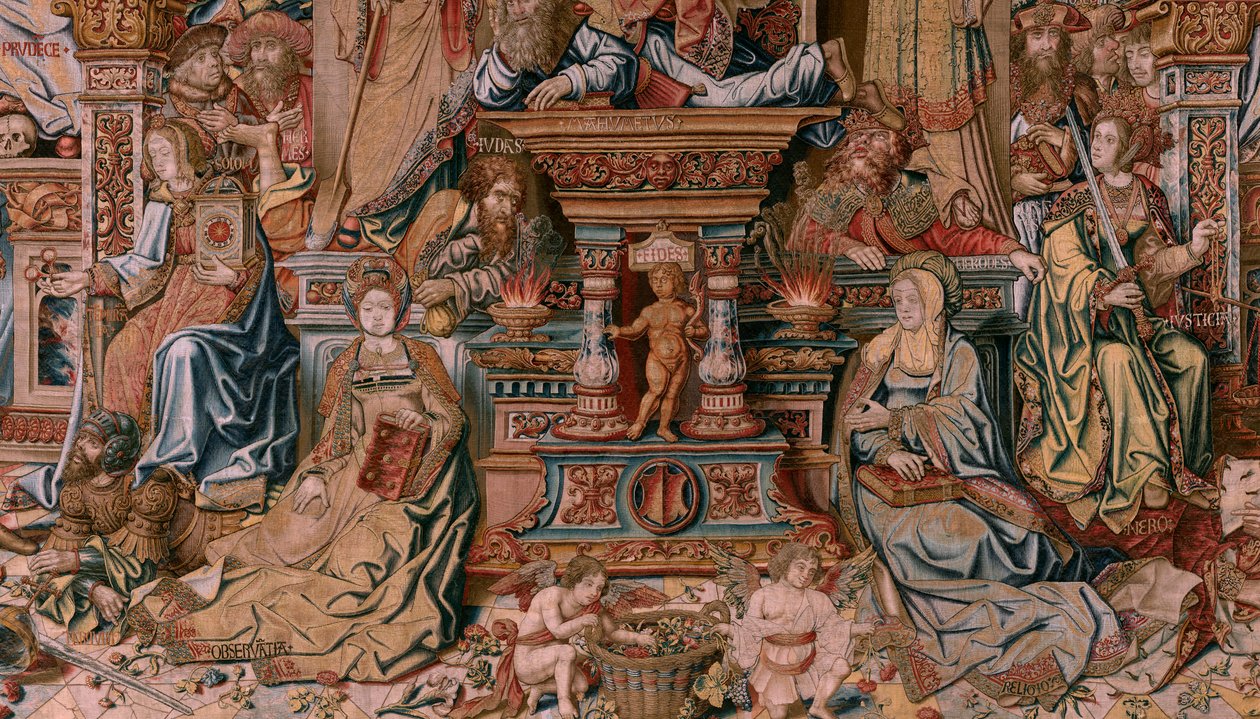 Vlámský gobelín. Seriál Vyznamenání. Víra (La Fe). První tapisérie v sérii. Modelové karikaturisty z okruhu Bernarda van Orleyho a Jana Gossaerta (Mabuse). Výroba Pieter van Aelst, Brusel. Cca 1550. Látka Zlato, stříbro, hedvábí a vlna. od Bernard van Orley
