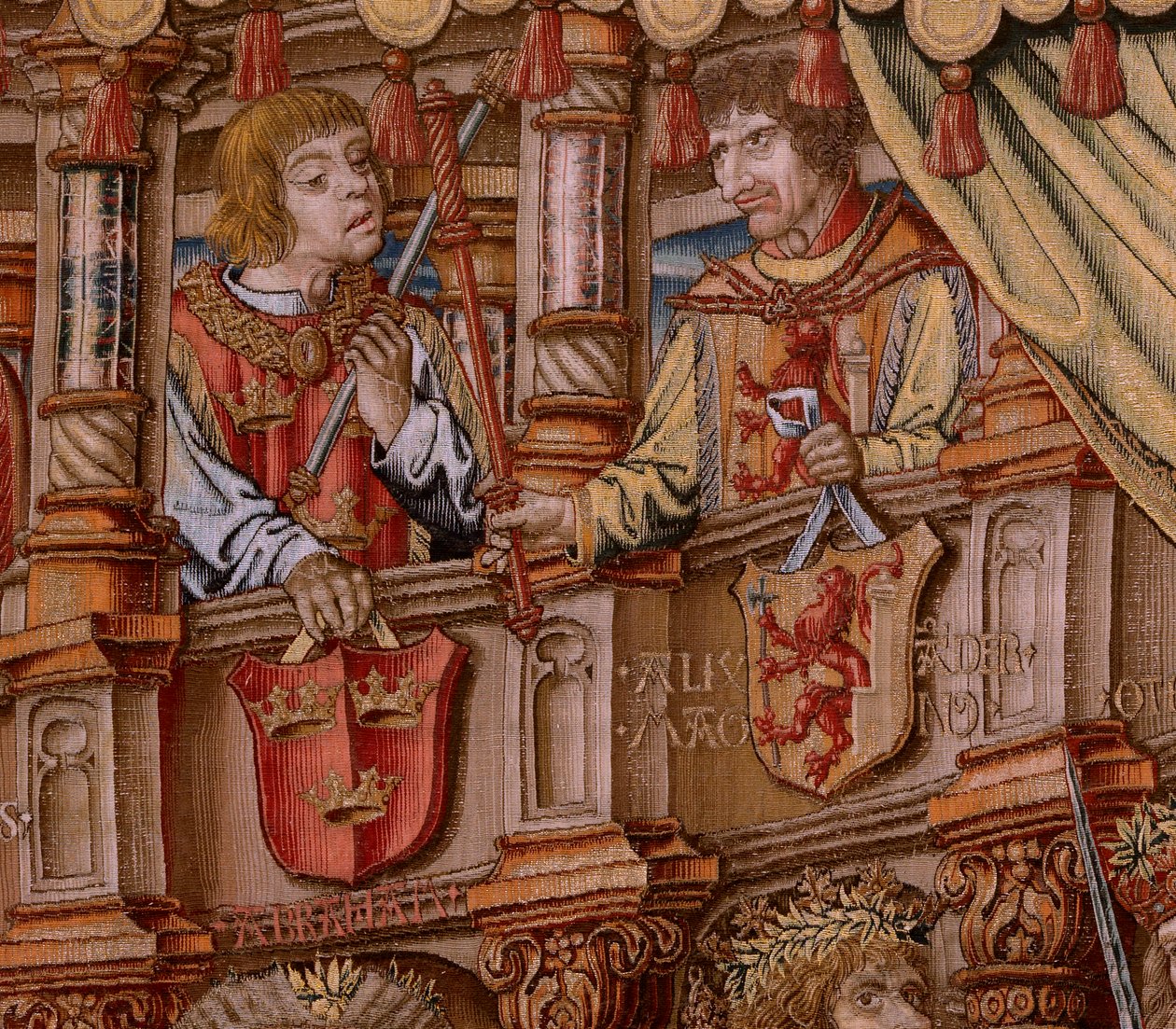 Vlámský gobelín. Seriál Vyznamenání. Honor (El Honor). Druhá tapisérie v sérii. Modelové karikaturisty z okruhu Bernarda van Orleyho a Jana Gossaerta (Mabuse). Výroba Pieter van Aelst, Brusel. Cca 1550. Látka Zlato, stříbro, hedvábí a vlna. od Bernard van Orley