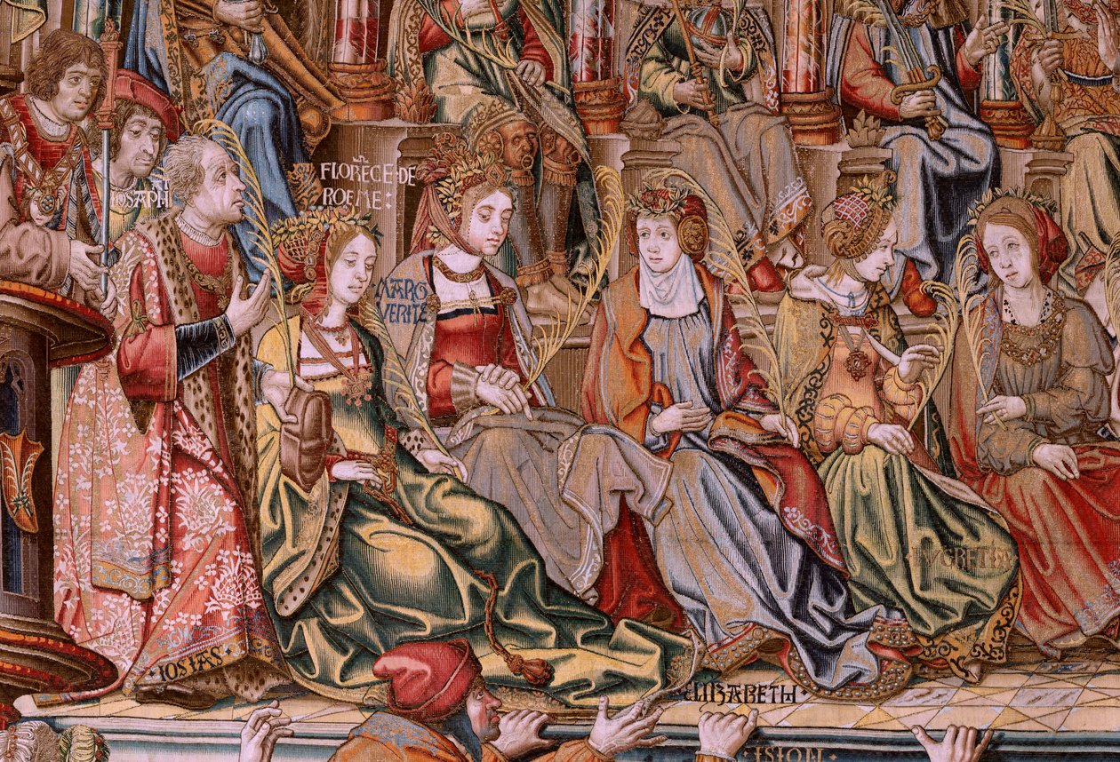 Vlámský gobelín. Seriál Vyznamenání. Honor (El Honor). Druhá tapisérie v sérii. Modelové karikaturisty z okruhu Bernarda van Orleyho a Jana Gossaerta (Mabuse). Výroba Pieter van Aelst, Brusel. Cca 1550. Látka Zlato, stříbro, hedvábí a vlna. od Bernard van Orley