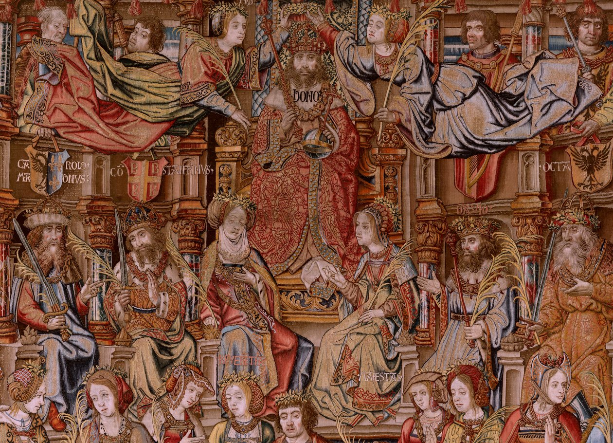 Vlámský gobelín. Seriál Vyznamenání. Honor (El Honor). Druhá tapisérie v sérii. Modelové karikaturisty z okruhu Bernarda van Orleyho a Jana Gossaerta (Mabuse). Výroba Pieter van Aelst, Brusel. Cca 1550. Látka Zlato, stříbro, hedvábí a vlna. od Bernard van Orley