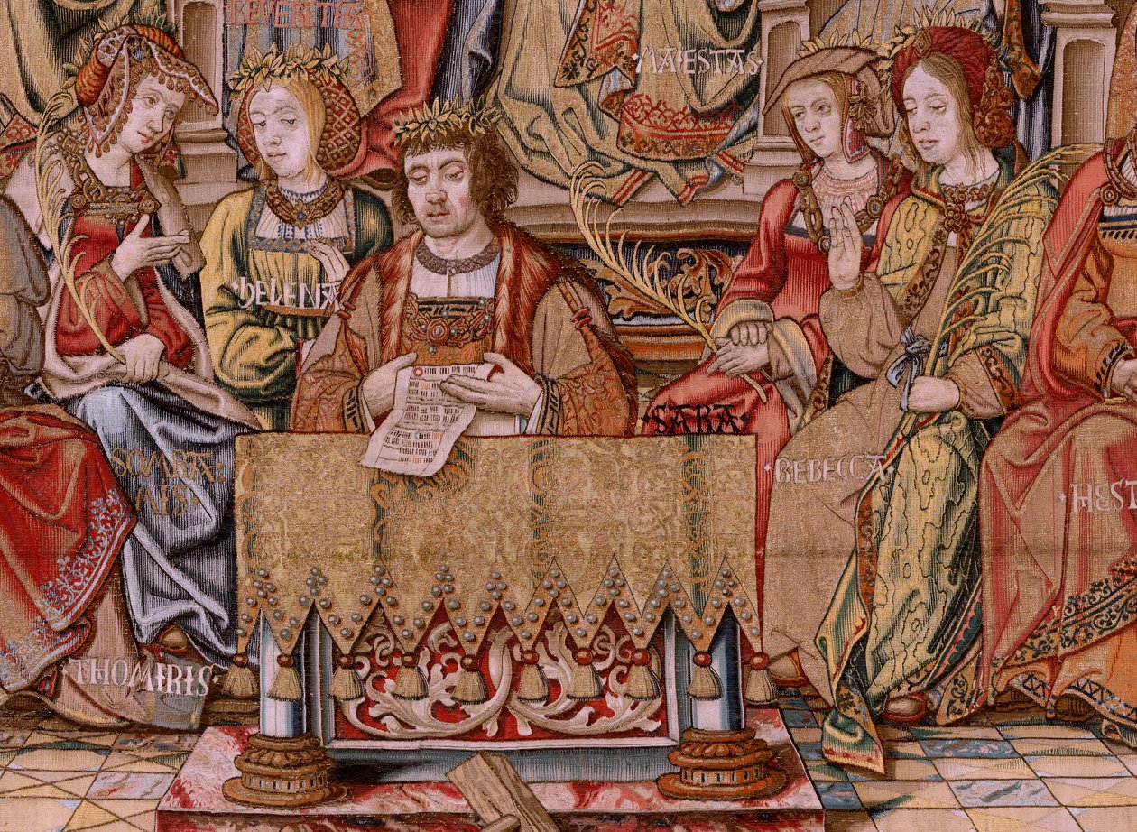 Vlámský gobelín. Seriál Vyznamenání. Honor (El Honor). Druhá tapisérie v sérii. Modelové karikaturisty z okruhu Bernarda van Orleyho a Jana Gossaerta (Mabuse). Výroba Pieter van Aelst, Brusel. Cca 1550. Látka Zlato, stříbro, hedvábí a vlna. od Bernard van Orley