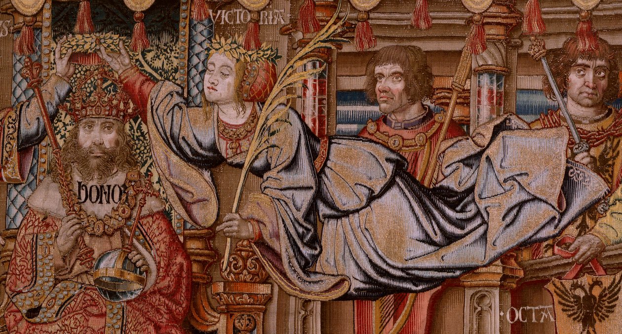 Vlámský gobelín. Seriál Vyznamenání. Honor (El Honor). Druhá tapisérie v sérii. Modelové karikaturisty z okruhu Bernarda van Orleyho a Jana Gossaerta (Mabuse). Výroba Pieter van Aelst, Brusel. Cca 1550. Látka Zlato, stříbro, hedvábí a vlna. od Bernard van Orley