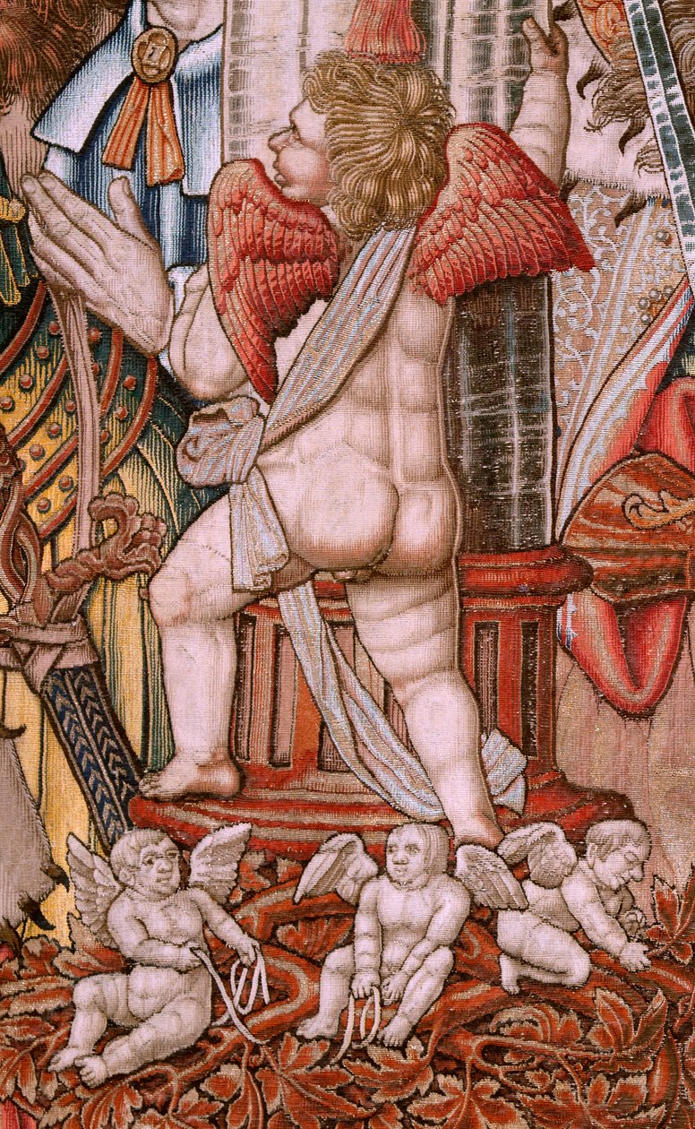 Vlámský gobelín. série The Honors; Šlechta (La Nobleza). Čtvrtá tapisérie v sérii. Modelové karikaturisty z okruhu Bernarda van Orleyho a Jana Gossaerta (Mabuse). Výroba Pieter van Aelst, Brusel. Cca 1550. Látka Zlato, stříbro, hedvábí a woo od Bernard van Orley