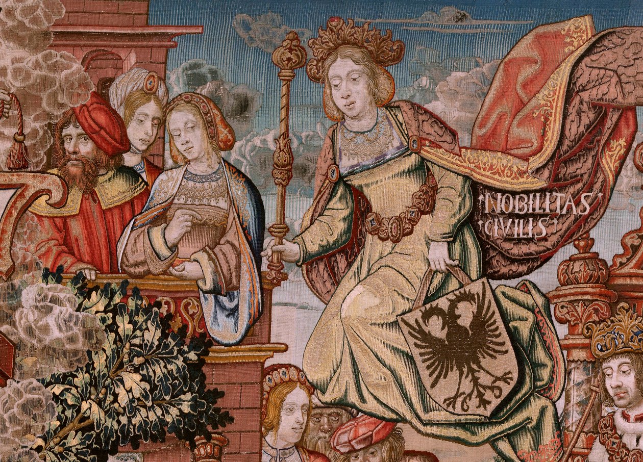 Vlámský gobelín. řada The Honors; Šlechta (La Nobleza). Čtvrtá tapisérie v sérii. Modelové karikaturisty z okruhu Bernarda van Orleyho a Jana Gossaerta (Mabuse). Výroba Pieter van Aelst, Brusel. Cca 1550. Látka Zlato, stříbro, hedvábí a woo od Bernard van Orley
