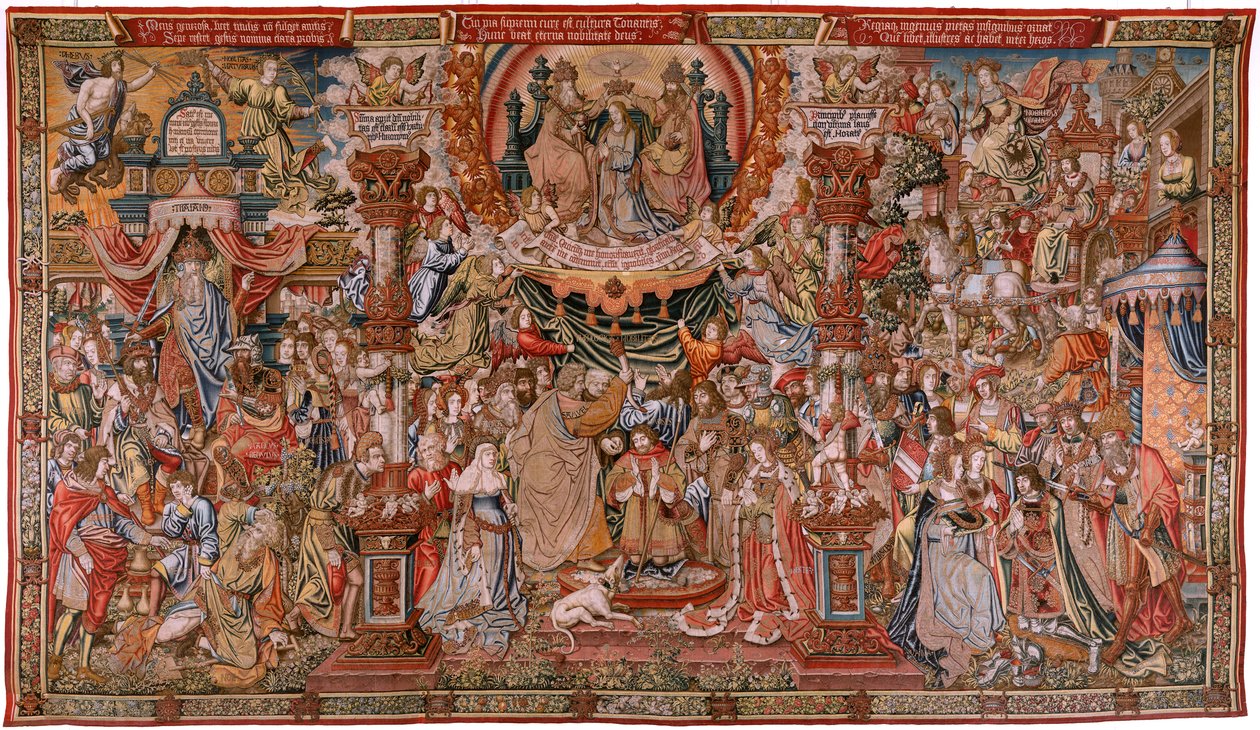 Vlámský gobelín. série The Honors; Šlechta (La Nobleza). Čtvrtá tapisérie v sérii. Modelové karikaturisty z okruhu Bernarda van Orleyho a Jana Gossaerta (Mabuse). Výroba Pieter van Aelst, Brusel. Cca 1550. Látka Zlato, stříbro, hedvábí a woo od Bernard van Orley