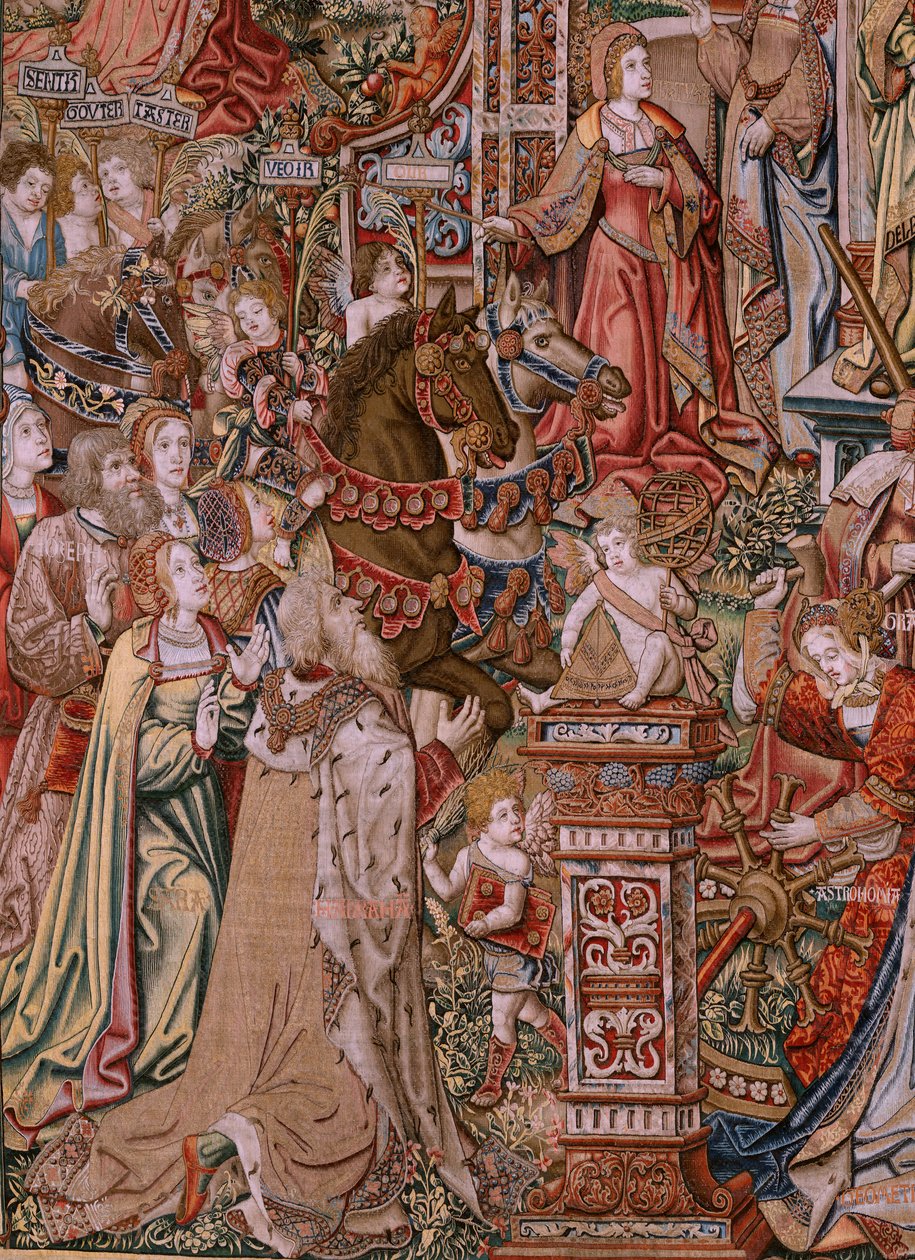 Vlámský gobelín. série The Honors; Prudence (La Prudencia). Sedmá tapisérie v sérii. Modelové karikaturisty z okruhu Bernarda van Orleyho a Jana Gossaerta (Mabuse). Výroba Pieter van Aelst, Brusel. Ca 1550. Tkanina Zlato, stříbro, hedvábí a w od Bernard van Orley