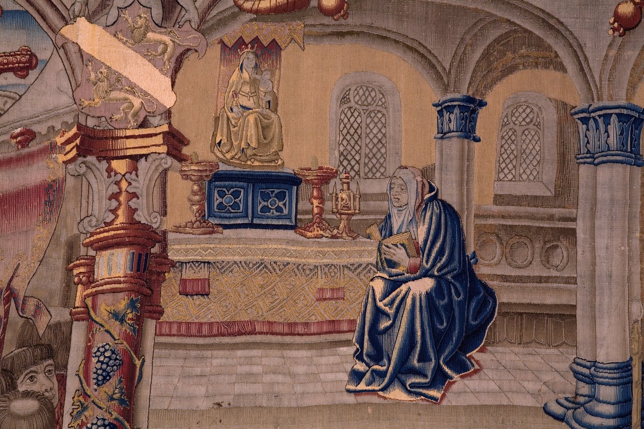 Vlámský gobelín. Série Legenda o Madoně ze Sablonu (The Legend of Our Lady of the Sablon). Příjezd sochy Madony. Výroba v Bruselu. Karikaturista Barend van Orley od Bernard van Orley