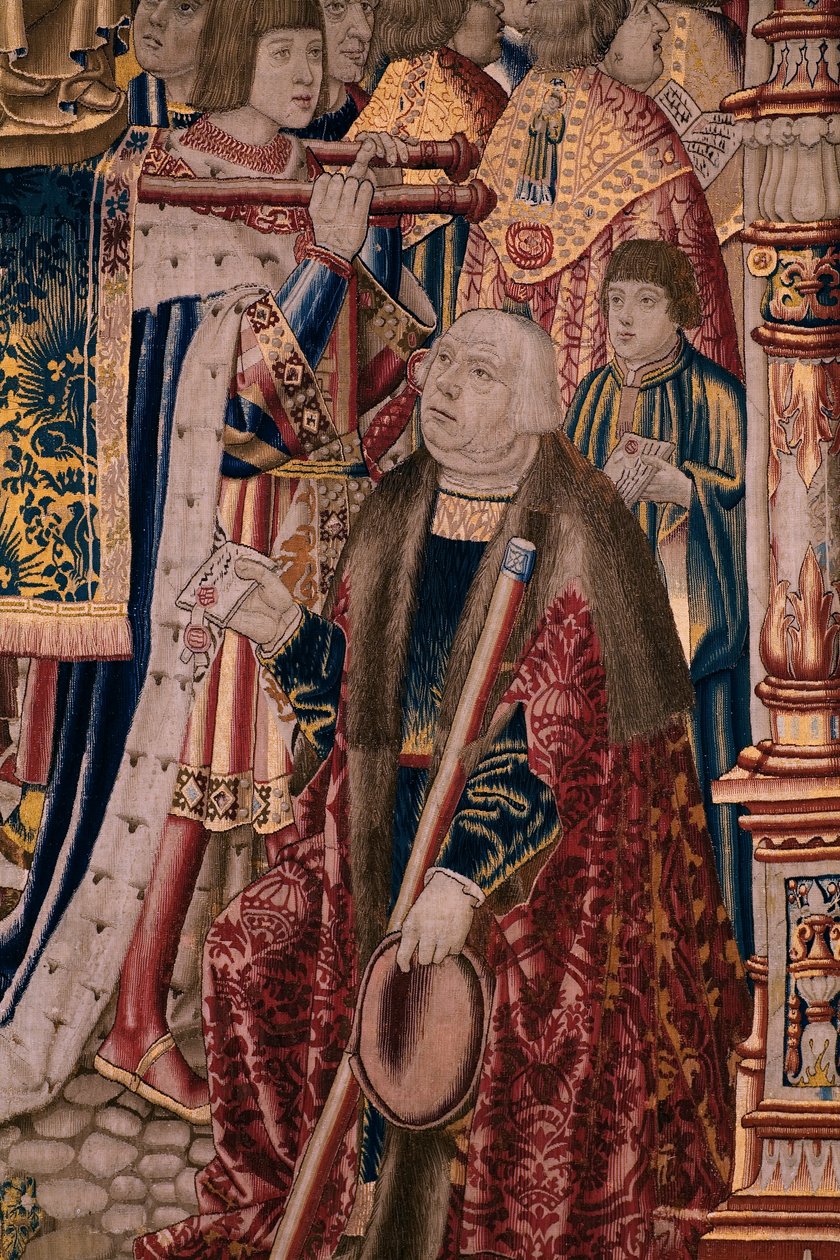 Vlámský gobelín. Série Legenda o Madoně ze Sablonu (The Legend of Our Lady of the Sablon). Příjezd sochy Madony. Výroba v Bruselu. Karikaturista Barend van Orley od Bernard van Orley