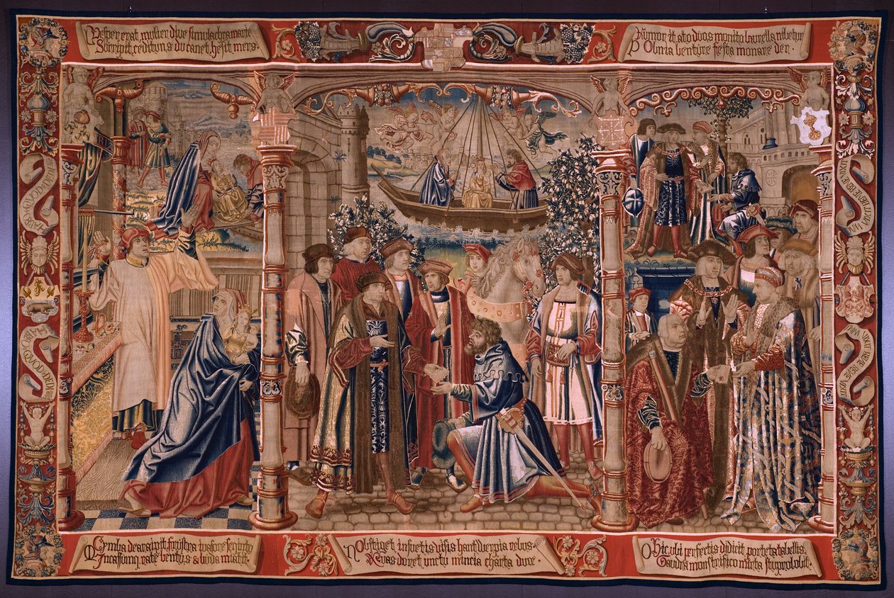 Vlámský gobelín. Série Legenda o Madoně ze Sablonu (The Legend of Our Lady of the Sablon). Socha Madony přichází do kostela Sablon (socha Panny Marie je převezena do kostela Sablon, La Estatua de od Bernard van Orley