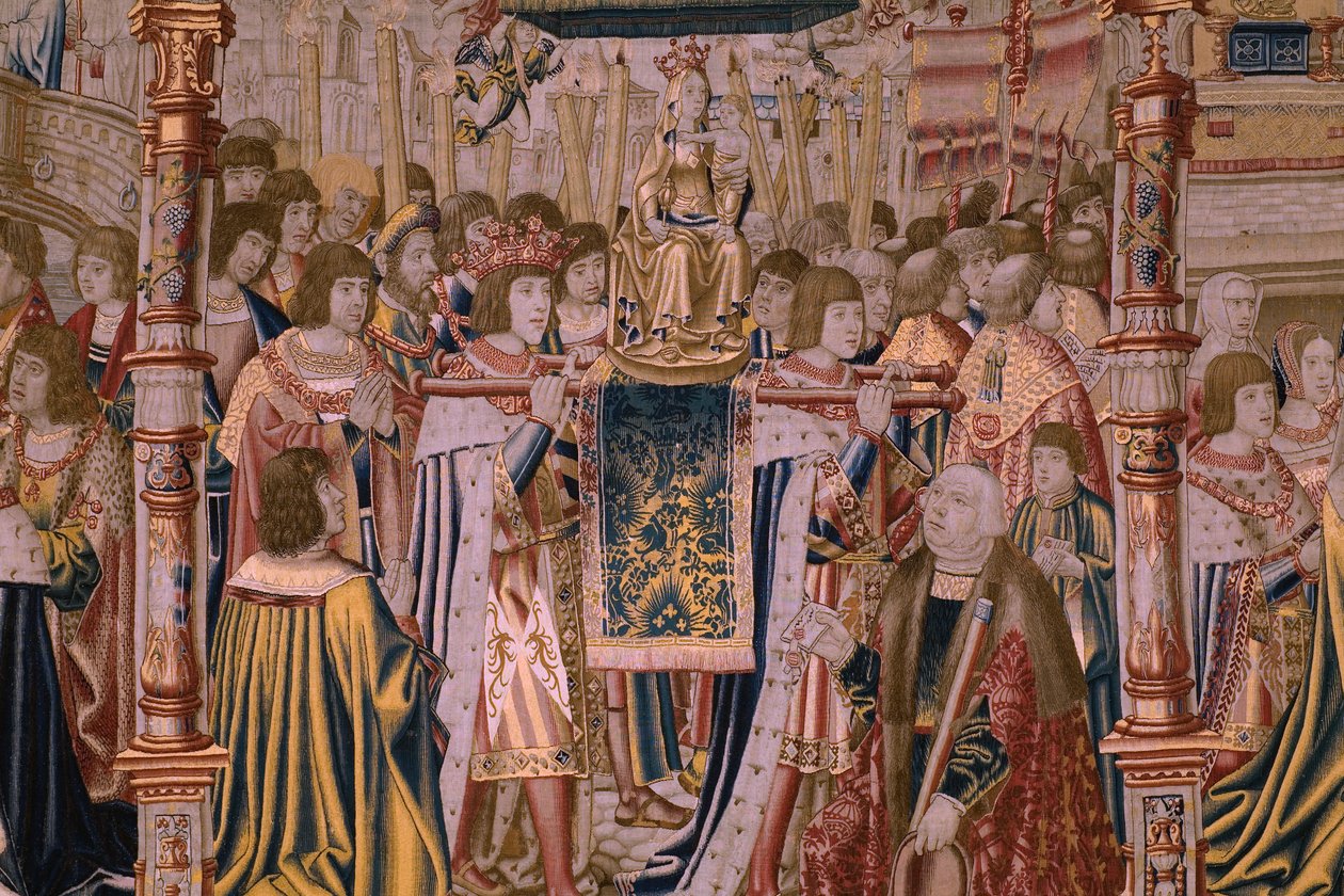 Vlámský gobelín. Série Legenda o Madoně ze Sablonu (The Legend of Our Lady of the Sablon). Příjezd sochy Madony. Výroba v Bruselu. Karikaturista Barend van Orley od Bernard van Orley