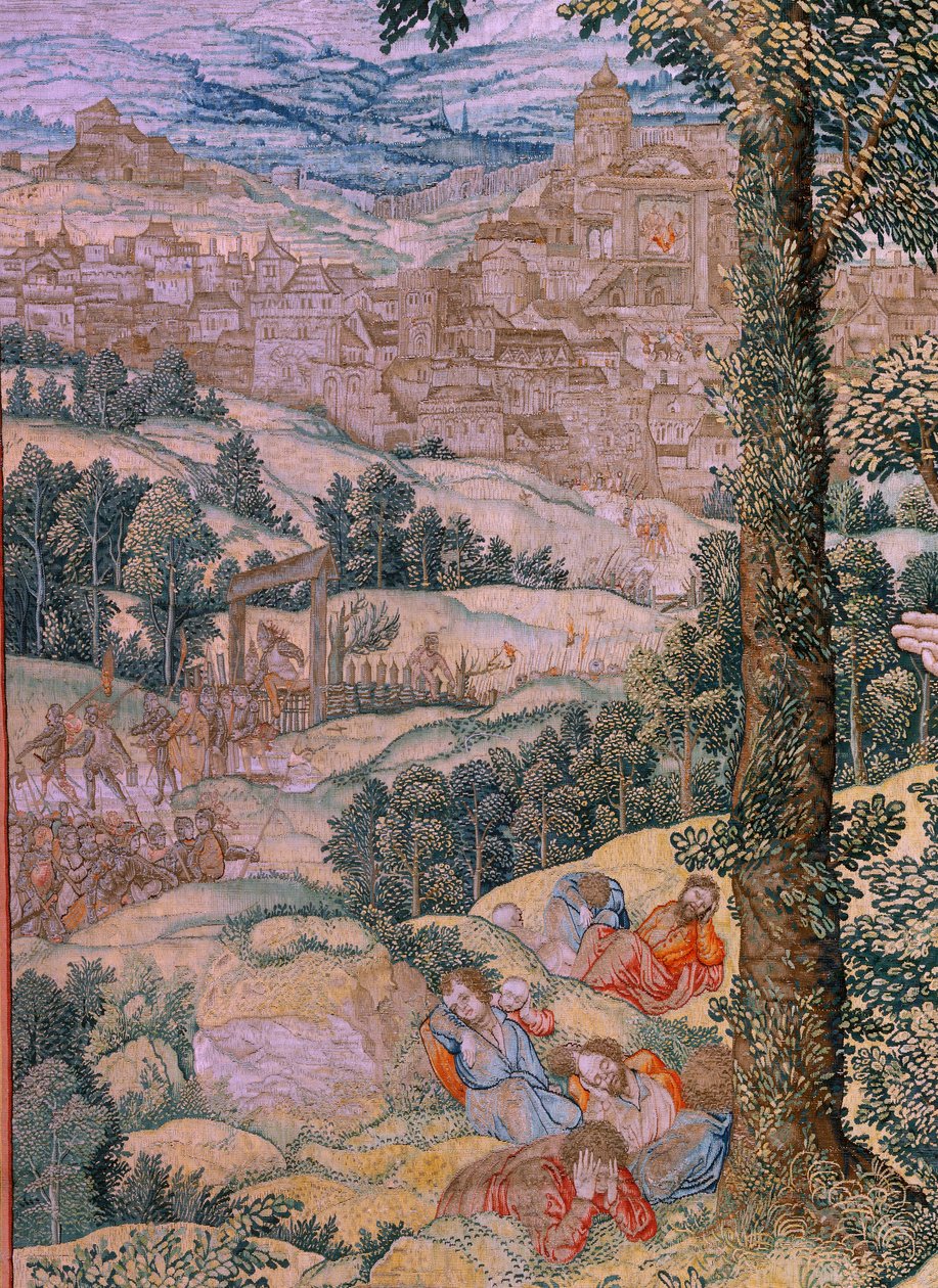 Vlámský gobelín. Seriál Umučení Krista. Kristus na hoře Olivetské. Výroba Pieter de Pannemaeker, Brusel. Karikaturista Barend van Orley. asi 1518-1522. od Bernard van Orley