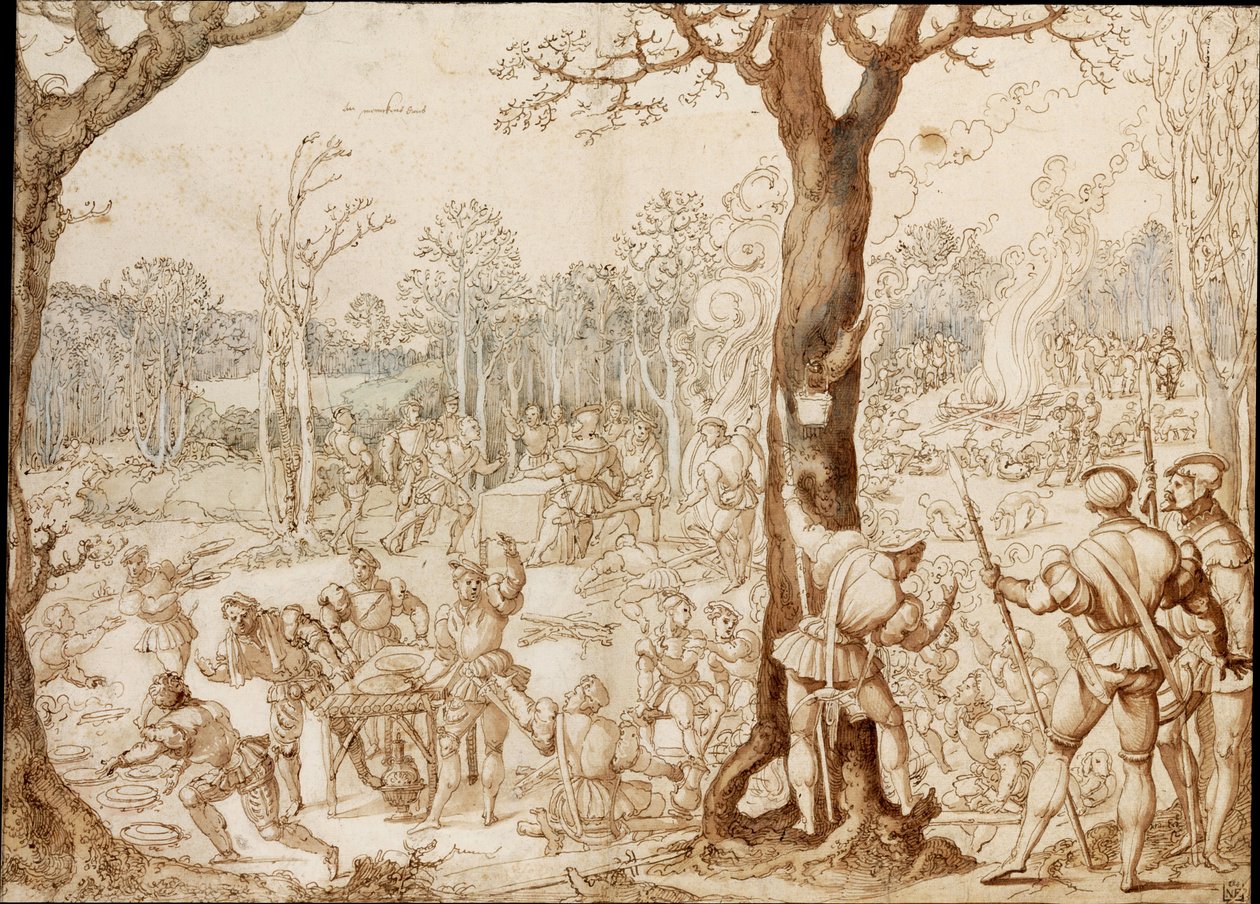 Sharing Out the Game (banketová scéna v lese, během dne lovu) - Práce Bernaerta van Orleyho (1488-1541) (Barend, Barent, Bernard van Brussel), inkoust na papíře (37 ,6x57,7) od Bernard van Orley
