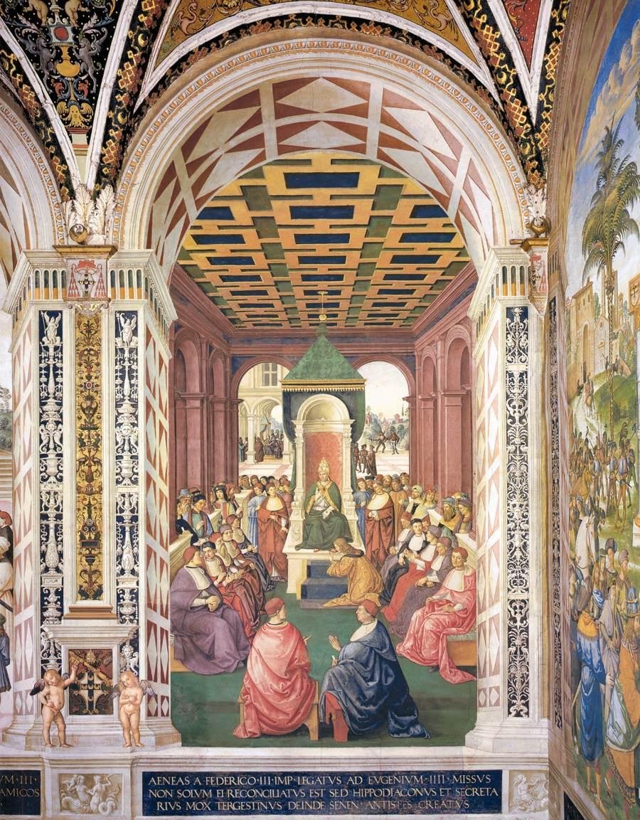 Pocta papeži Eugeniovi IV. Jménem císaře Fridricha III od Bernardino di Betto Pinturicchio