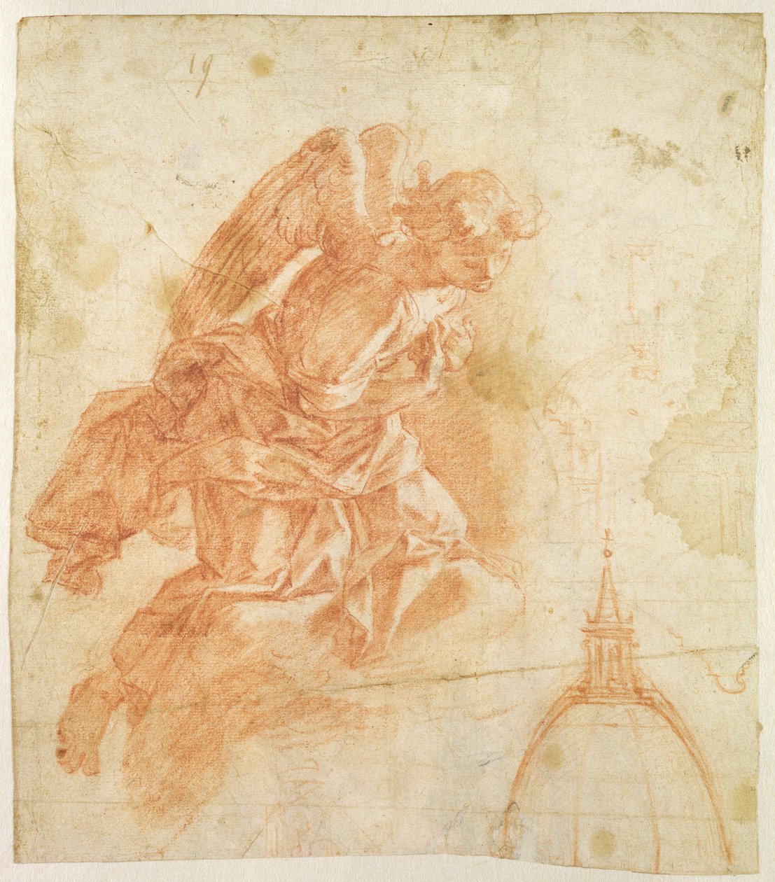 Závěsný anděl a architektonická skica, cca 1600 (červená křída na papíře) od Bernardino Barbatelli Poccetti