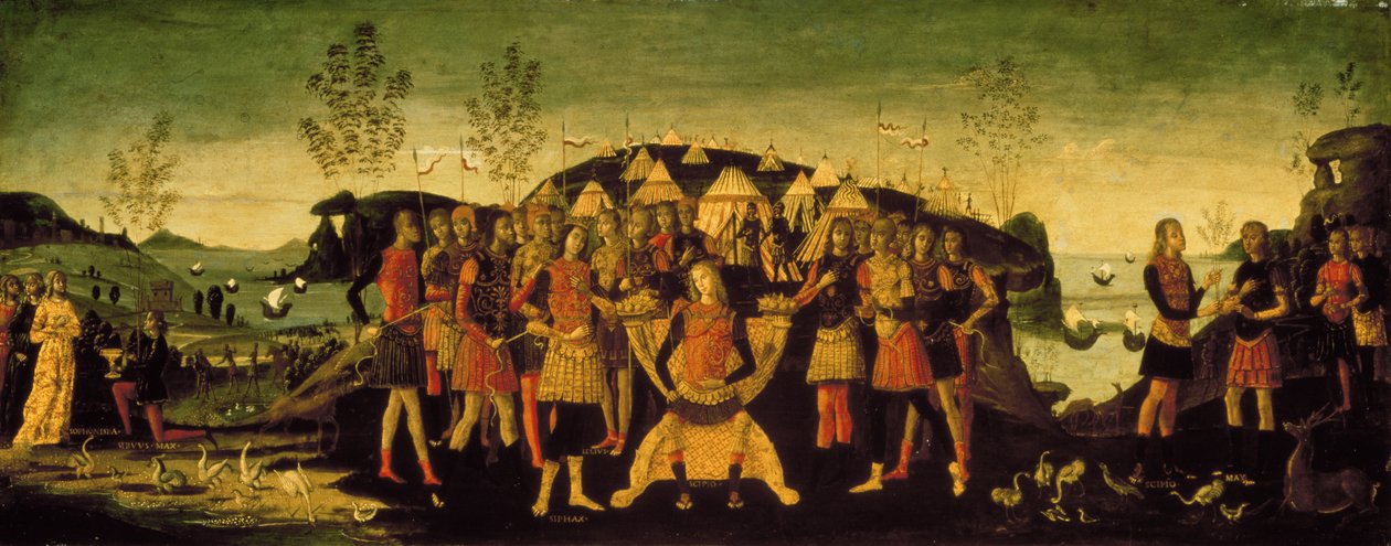 Scipio Africanus (237-183 př.nl), římský generál, se zajatým numidským princem Sphaxem, jehož manželka Sophonisba, kartáginská šlechtična, stojí vlevo, kolem roku 1490 od Bernardino Fungai