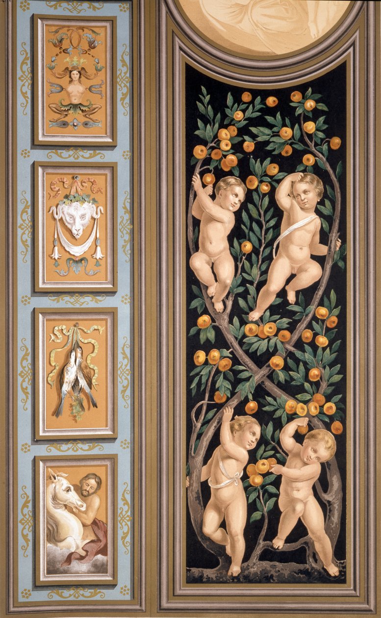 Freska Amorů z kostela sv. Ambrogia, Milán, z „Paláce a kostely v Itálii malované freskami nebo štuky v XVI. století“ od Lois Gruner, vydáno v Londýně 1844-45 od Bernardino Luini