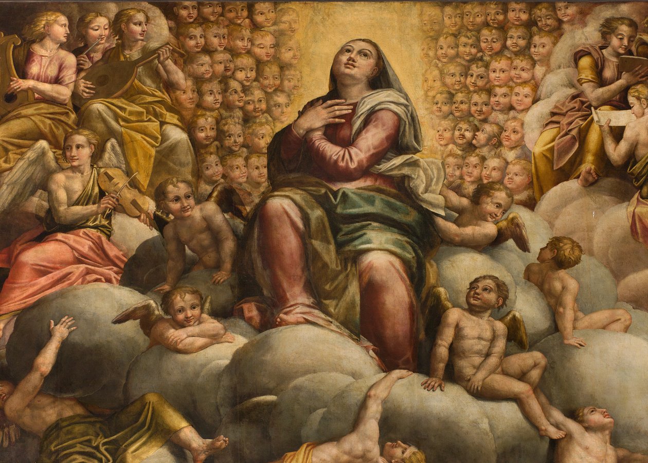 Apsida, oltářní obraz od Bernardina Gattiho s názvem Il Sojaro dokončený Giovanni Battista Trotti s názvem IL Malosso, Nanebevzetí Panny Marie od Bernardino Gatti