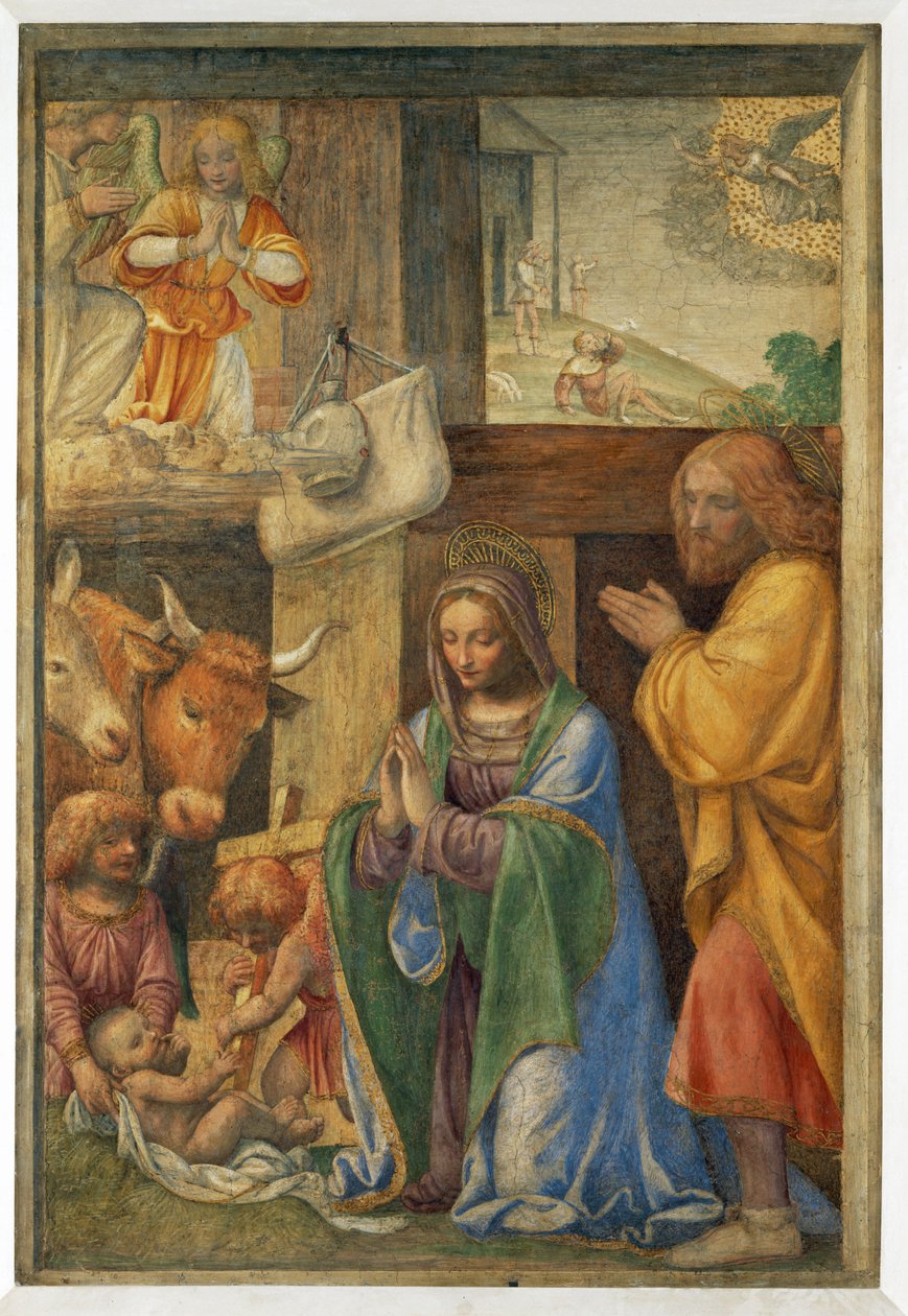 Narození Ježíše a oznámení pastýřům. - Narození a ... od Bernardino (attr. to) Luini