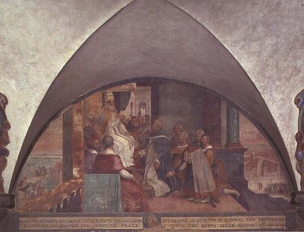 Svatý Antonín se představuje papeži Eugeniovi III. jako velvyslanec, luneta (freska) od Bernardino Barbatelli Poccetti