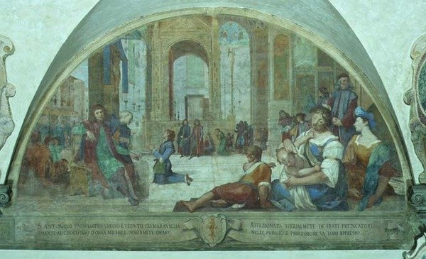 Modlící se mladý sv. Antonín před krucifixem na náměstí (freska) od Bernardino Barbatelli Poccetti
