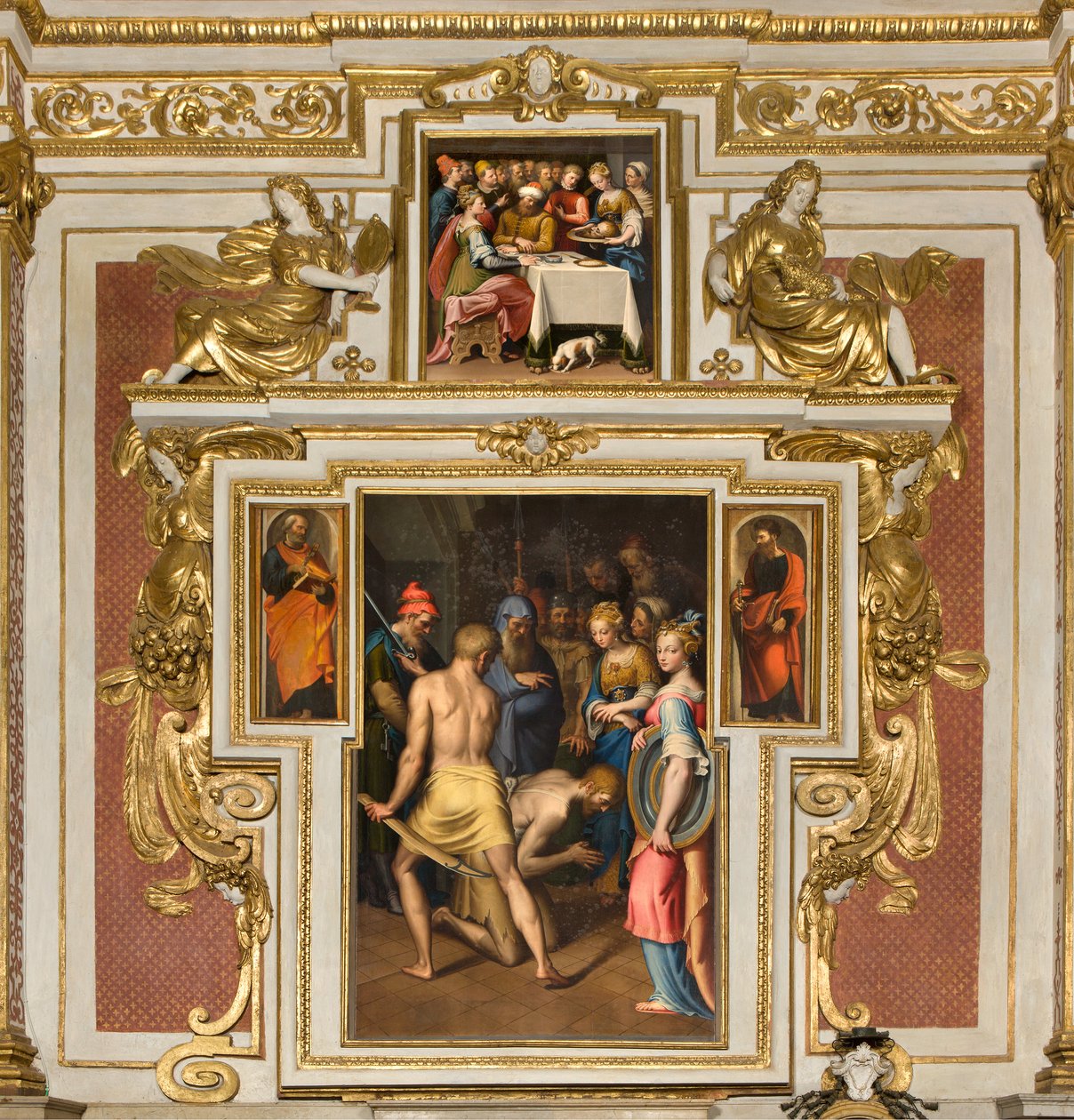 Kaple Panny Marie lidu, druhé pole severní strana, Bernardino Campi, Dekolace Křtitele 1569, Po stranách sv. Petr a sv. Pavel 1520-30, Bernardino Campi, Herodova hostina 1569 od Bernardino Campi