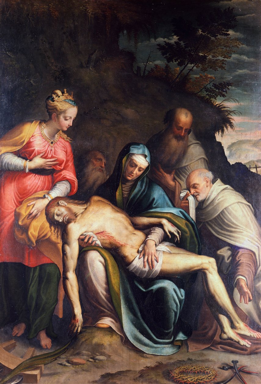 Pieta neboli Sestavení Krista se svatou Kateřinou Alexandrijskou a třemi proroky od Bernardino Campi