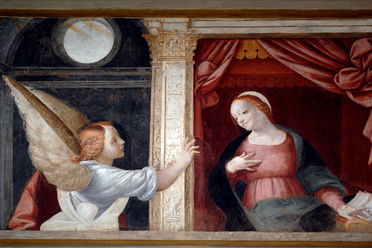 Zvěstování, detail z cyklu Panny Marie (1553), freska od Bernardina Lanina (1512-1583), spodní sakristie v katedrále Novara, Piemont, Itálie od Bernardino Lanino