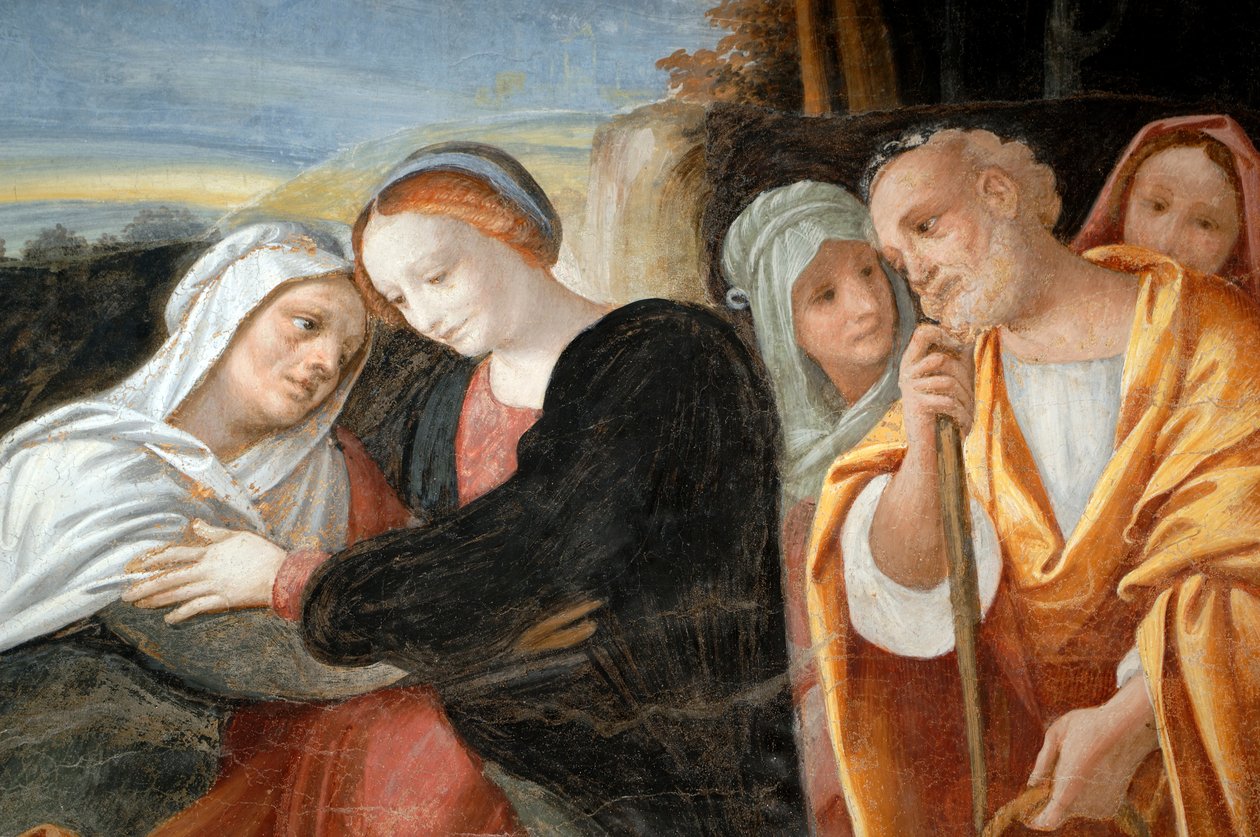 Marie se svatou Annou a svatým Joachimem, detail z cyklu Panny Marie (1553), freska od Bernardina Lanina (1512-1583), spodní sakristie v katedrále Novara, Piemont, Itálie od Bernardino Lanino