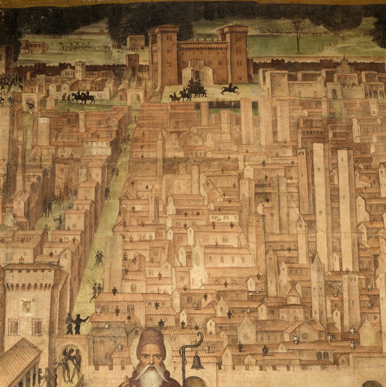 Svatý Antonín a pohled na Pavii, detail z cyklu Příběhy sv. Theodora, fresky Bernardina Lanzaniho (1460-1530 ca.), Kostel sv. Theodora, Pavia, Lombardie, Itálie od Bernardino Lanzani da San Colombano