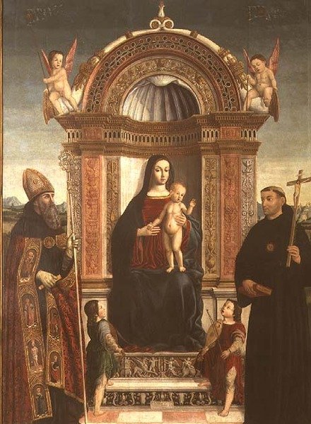 Madona s dítětem se svatým Mikulášem z Tolentina a svatým Augustinem od Bernardino Loschi