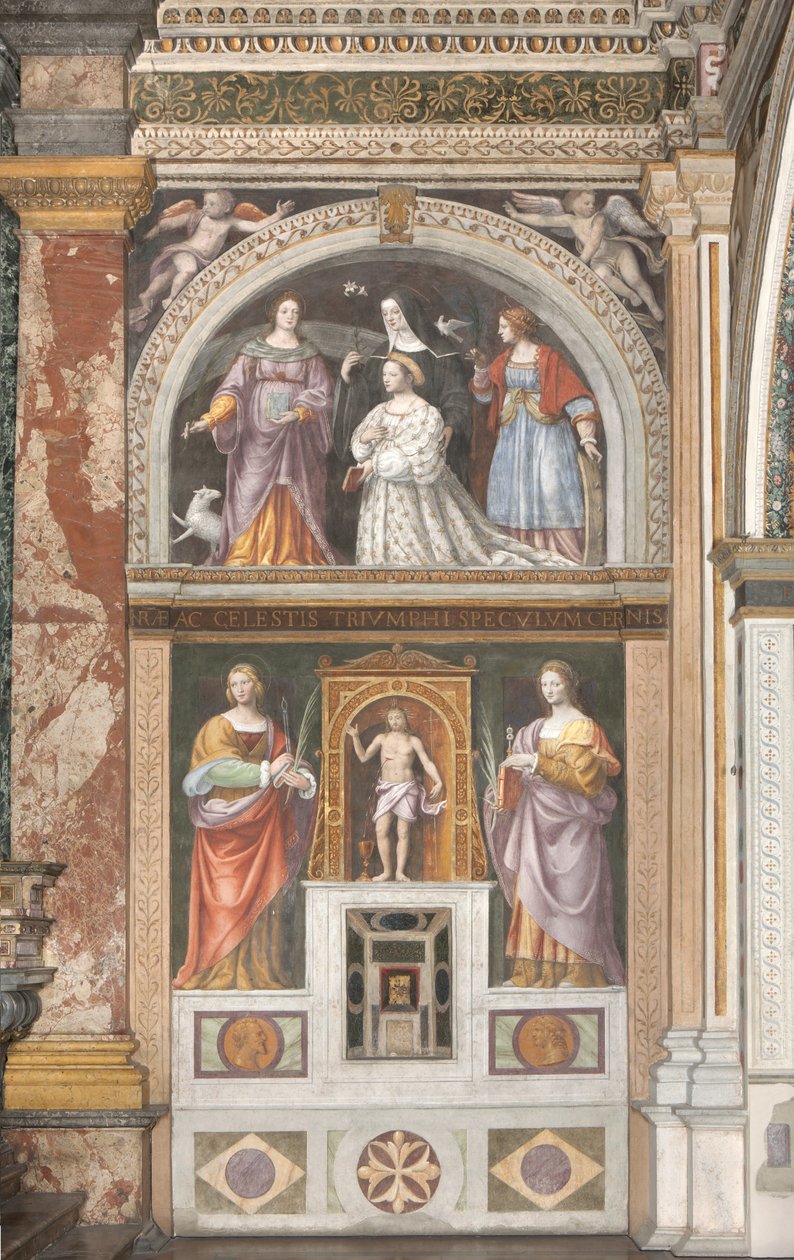 Ippolita Sforza se svatou Anežkou a svatou Kateřinou a pod Svatou Apollonií a Svatou Lucií, kolem 1522-25 (freska) (detail 3497192) od Bernardino Luini