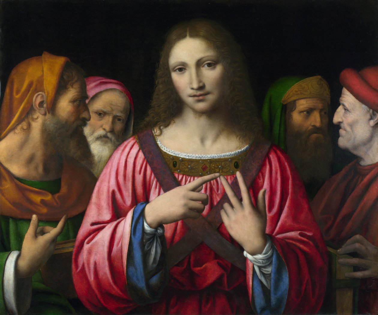 ""Kristus a doktoři zákona"" Obraz Bernardina Luiniho (1481-1532), cca 1515-1530 Rozměr 72,4x85,7 cm Londýn, Národní galerie - Luini, Bernardino (asi 1480-1532) Kristus mezi lékaři Olej na dřevě c. Národní galerie 1520, Londýn 72,4x85,7 od Bernardino Luini