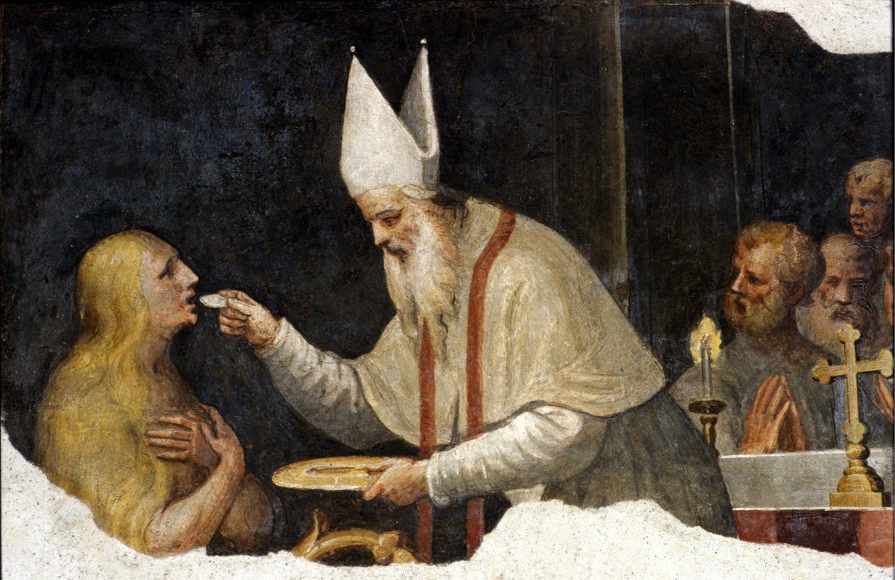 Madeleinino přijímání. Freska od Bernardina de Scapis s názvem Bernardino Luini. 15. století. Sovrintenza města Milána od Bernardino Luini