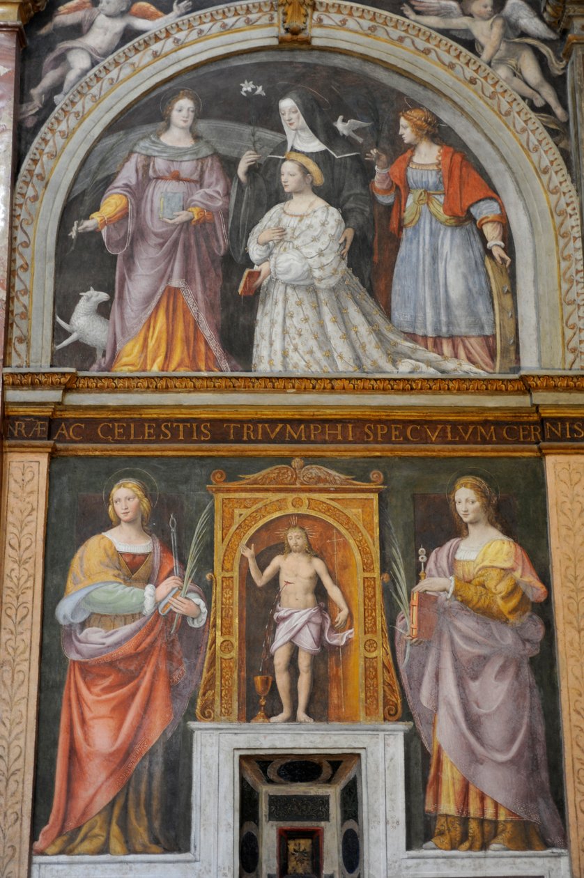 Svatá Apollonie a svatá Lucie, nahoře, Ippolita Sforza obklopená svatými a jeptiškami, freska od Bernardina Luiniho v kostele svatého Maurice v klášteře Maggiore, Milán, Lombardie, Itálie od Bernardino Luini