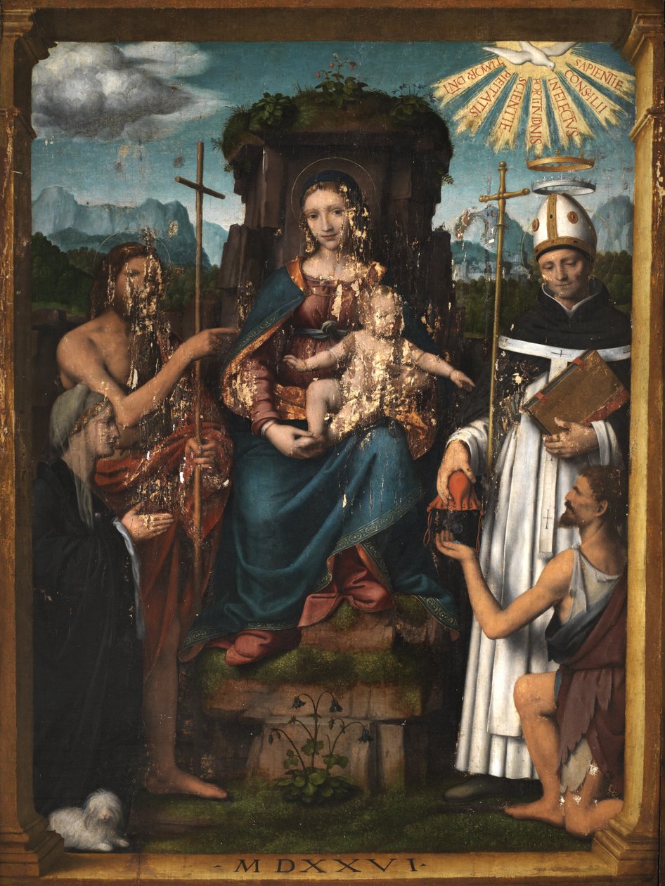 Panna a dítě na trůnu se svatým Janem Křtitelem, svatým Antoninem, dárcem a žebrákem, 1526 od Bernardino Luini