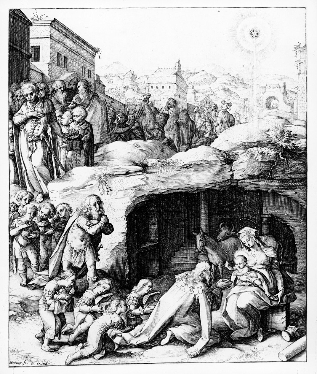 Klanění tří králů, vyryto Hendrikem Goltziem, kolem roku 1585 od Bernardino Passeri