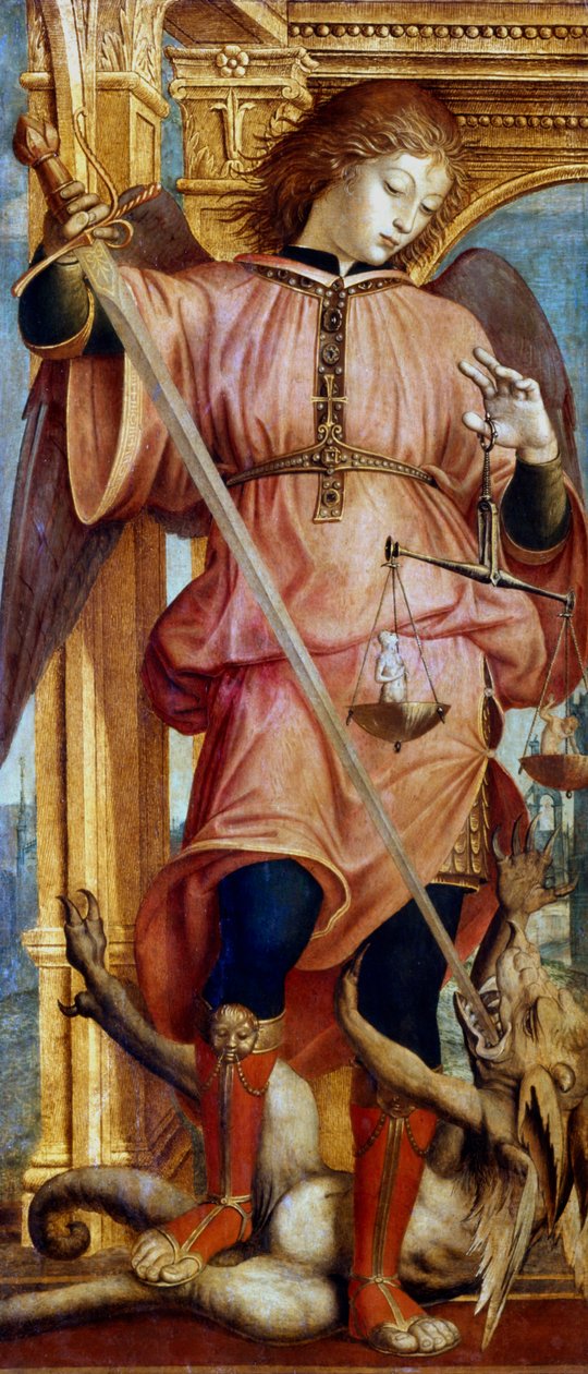 Svatý Michael Archanděl bojující s drakem mečem, c1484-1526 od Bernardino Zenale