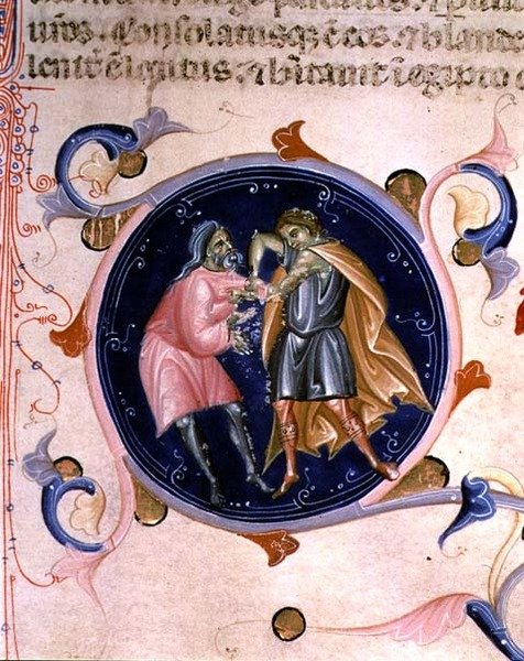 Miniatura dvou hádajících se mužů z Bible Karla V. z Valois (vellum) od Bernardino da Modena