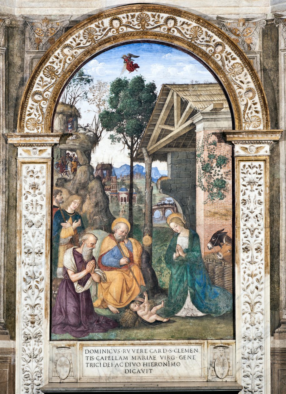 Freska Klanění pastýřů od Pinturicchio (Bernardino di Betto) (1454-1513) 1484-1492 Bazilika Santa Maria del Popolo (kostel Santa Maria del Popolo), Cappella Basso della Rovere Řím Itálie od Bernardino di Betto Pinturicchio