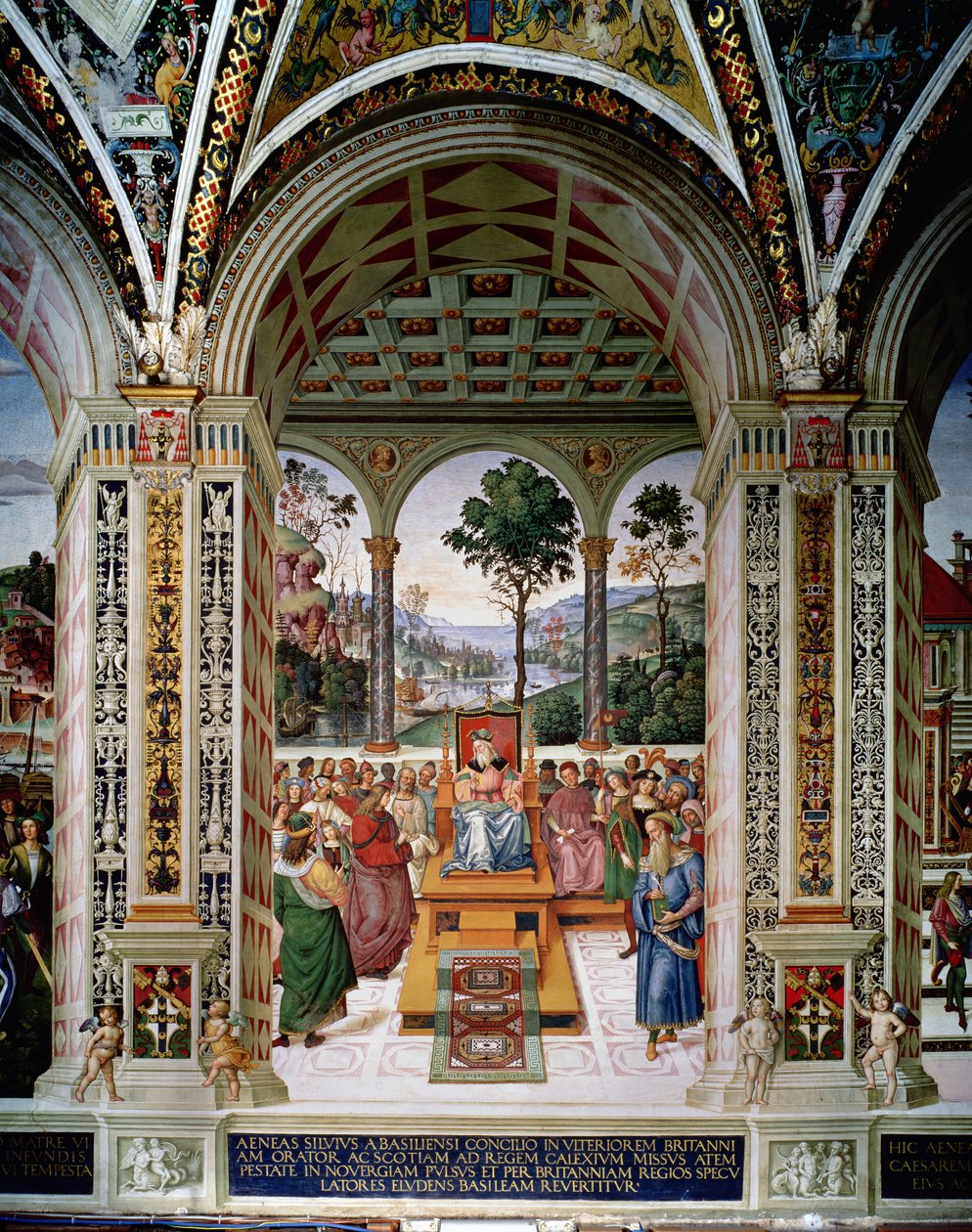 Aeneas Sylvius Piccolomini (1405-64) pronáší řeč před skotským králem Jakubem I. (1394-1437) v roce 1435 od Bernardino di Betto Pinturicchio