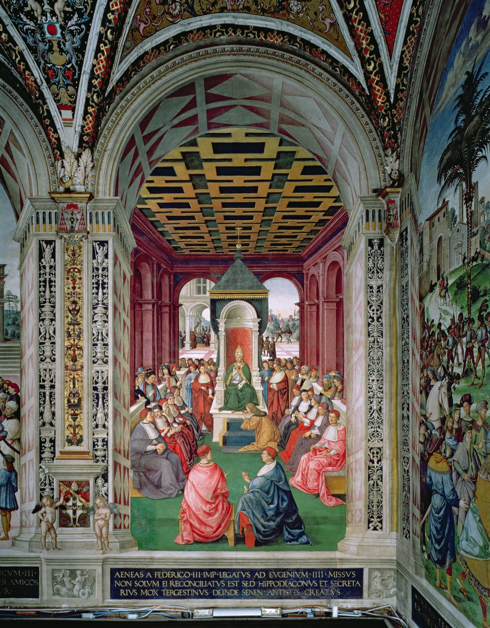 Aeneas Sylvius Piccolomini (1405-64) učinil akt podřízení se papeži Evženu IV. (1383-1447) 7. února od Bernardino di Betto Pinturicchio