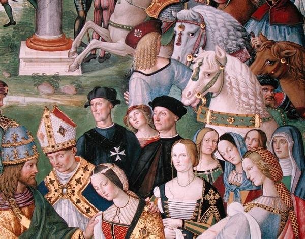 Aeneas Sylvius Piccolomini (1405-64) představuje Eleonoru Aragonskou Fridrichu III. (1415-93) 24. února 1452 (freska) (detail) od Bernardino di Betto Pinturicchio