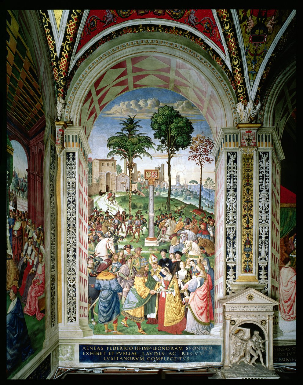 Aeneas Sylvius Piccolomini (1405-64) představuje Eleonoru Aragonskou Fridrichu III. (1415-93) 24. února 1452 (freska) od Bernardino di Betto Pinturicchio
