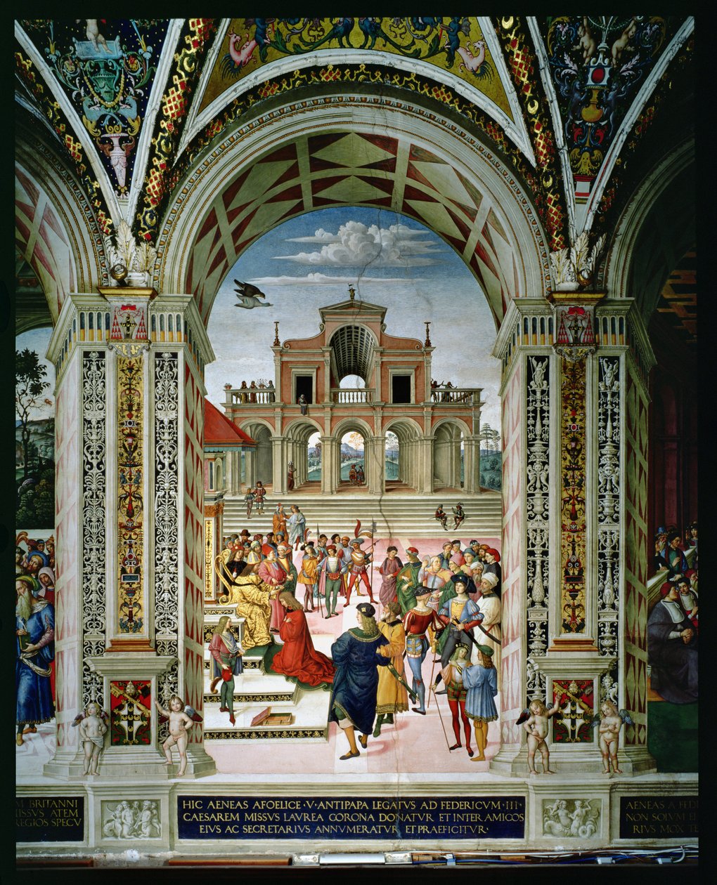 Aeneas Sylvius Piccolomini (1405-64) je korunovaný básník, laureát Fredericka III. (1415-93) v roce 1442 od Bernardino di Betto Pinturicchio
