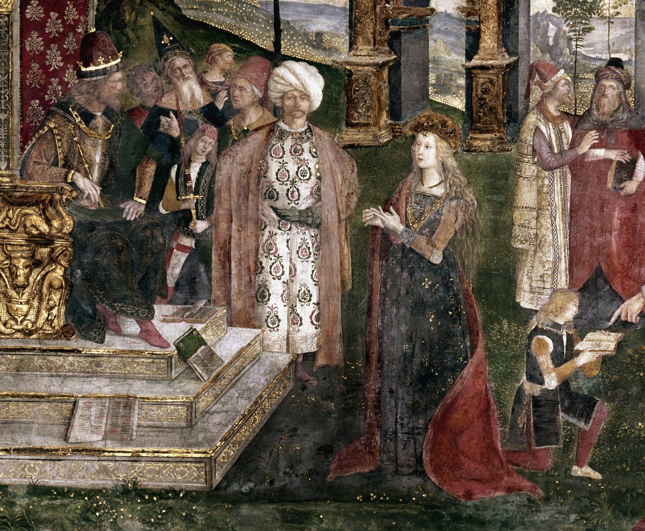 Detail sporu sv. Kateřiny Alexandrijské s filozofem, před římským císařem Maxentiem od Bernardino di Betto Pinturicchio