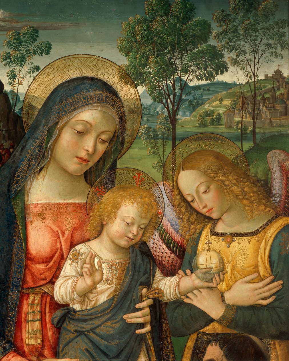 Detail horní části Panny Marie Mírové od Bernardina Pinturicchio (kolem 1452-1513), olej na panelu od Bernardino di Betto Pinturicchio