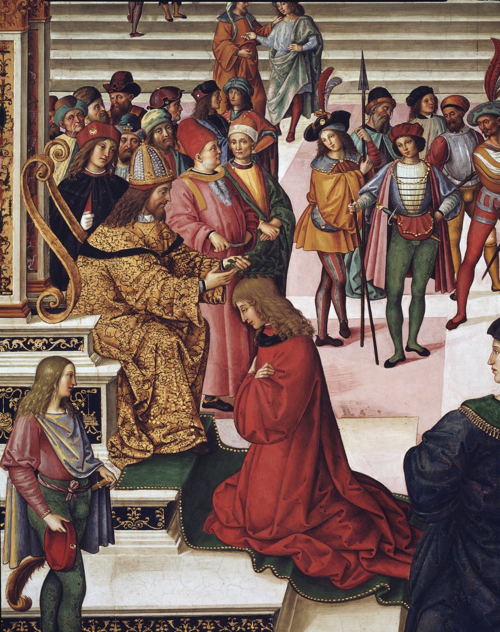 Enea Silvio Piccolomini (Pius II.) korunovaný císařem Fridrichem III. Detail - Freska od Bernardino di Betto Pinturicchio