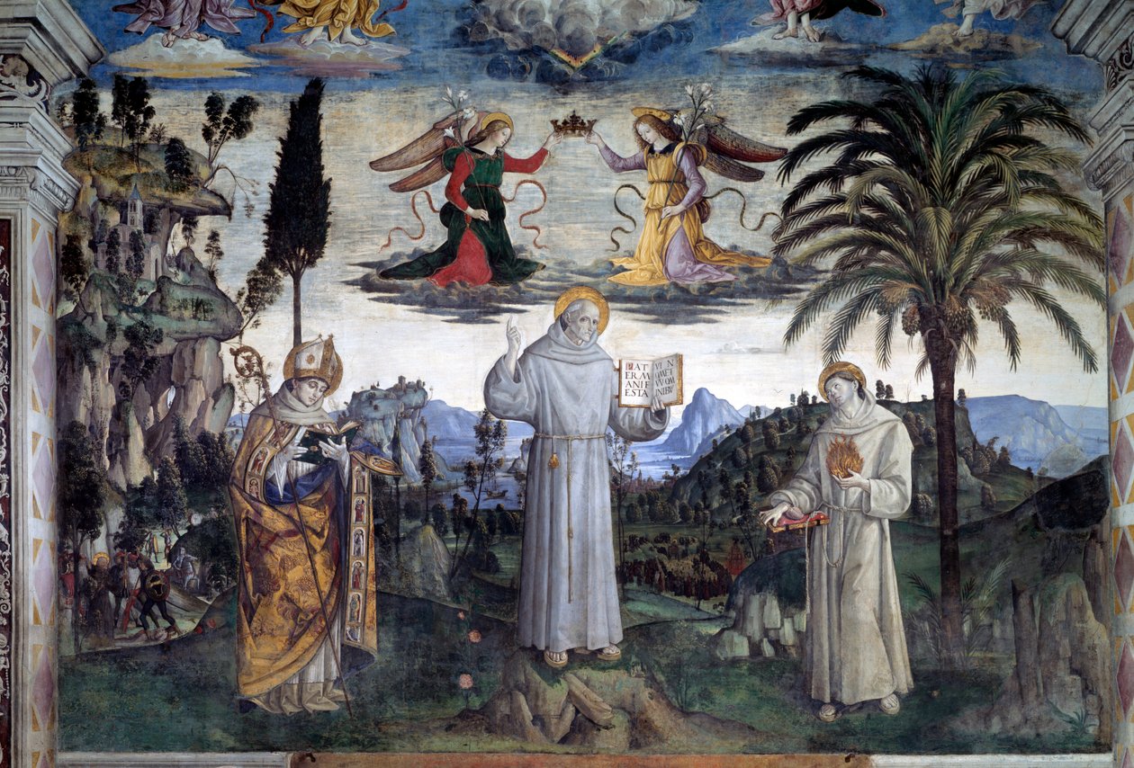 Sláva Bernardina ze Sieny. Detail svatého mezi svatým Ludvíkem z Anjou a svatým Antonínem Paduánským (Fresco, c.1486) od Bernardino di Betto Pinturicchio