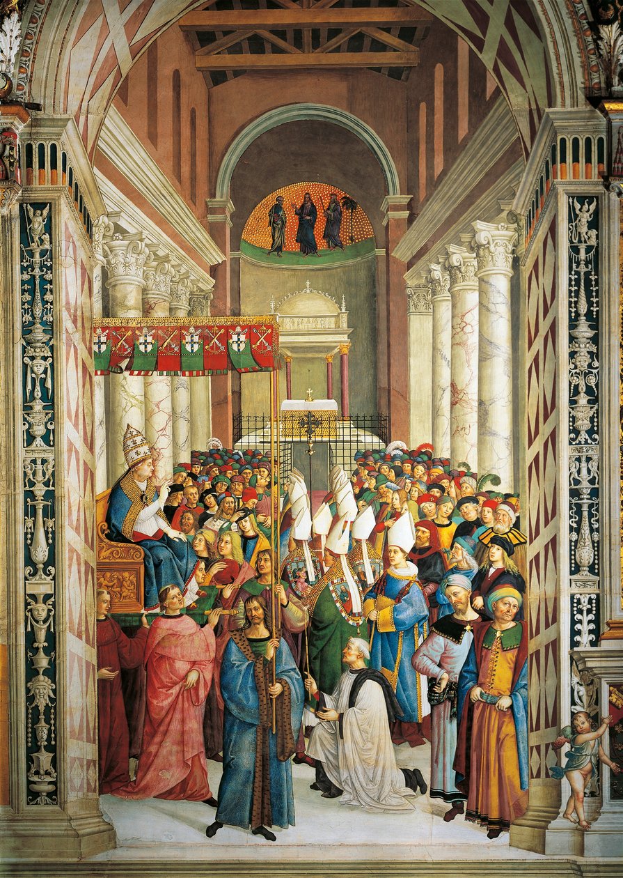 Itálie, Siena, Katedrála, Knihovna Piccolomini, Korunovace papeže Pia II., detail z Příběhů Pia II. od Bernardino di Betto Pinturicchio