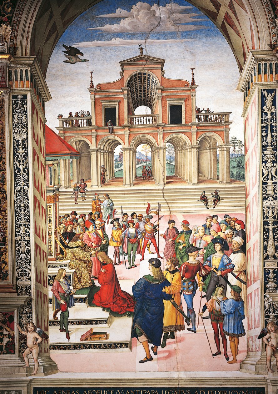 Itálie, Siena, katedrála, knihovna Piccolomini, Enea Silvio Piccolomini, kterého císař Fridrich III. učinil laureátem básníka, detail z Příběhů Pia II. od Bernardino di Betto Pinturicchio